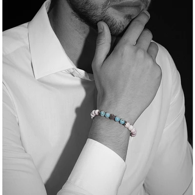 Bracelet turquoise bleue et blanche mate avec accent de zircone cubique argenté par Luenzo