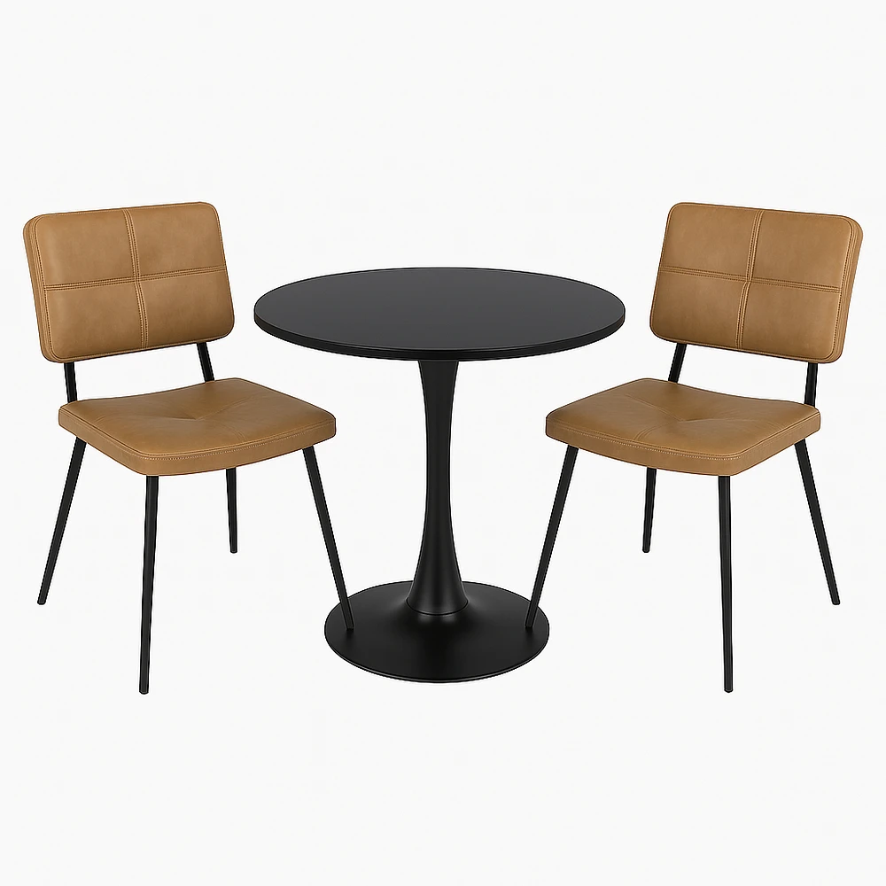 Round Dining Set with Cognac Chairs, Set of 3