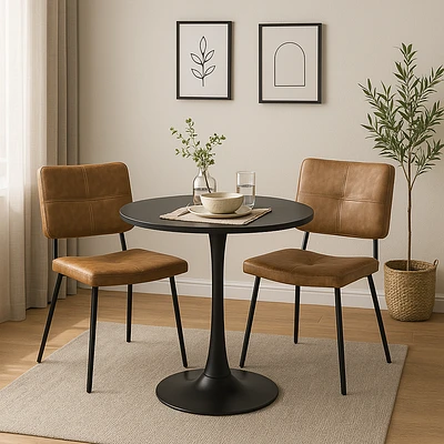Round Dining Set with Cognac Chairs, Set of 3