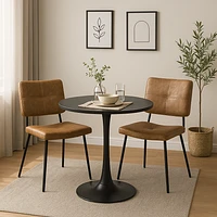 Round Dining Set with Cognac Chairs, Set of 3