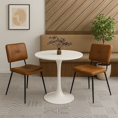Ensemble de salle à manger rond avec chaises cognac, ensemble de 3 - Blanc