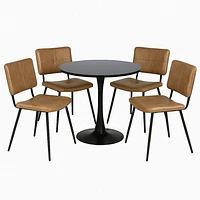 Round Dining Set with Cognac Chairs, Set of 5