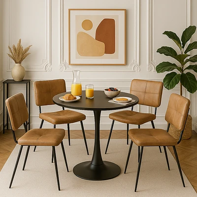 Round Dining Set with Cognac Chairs, Set of 5