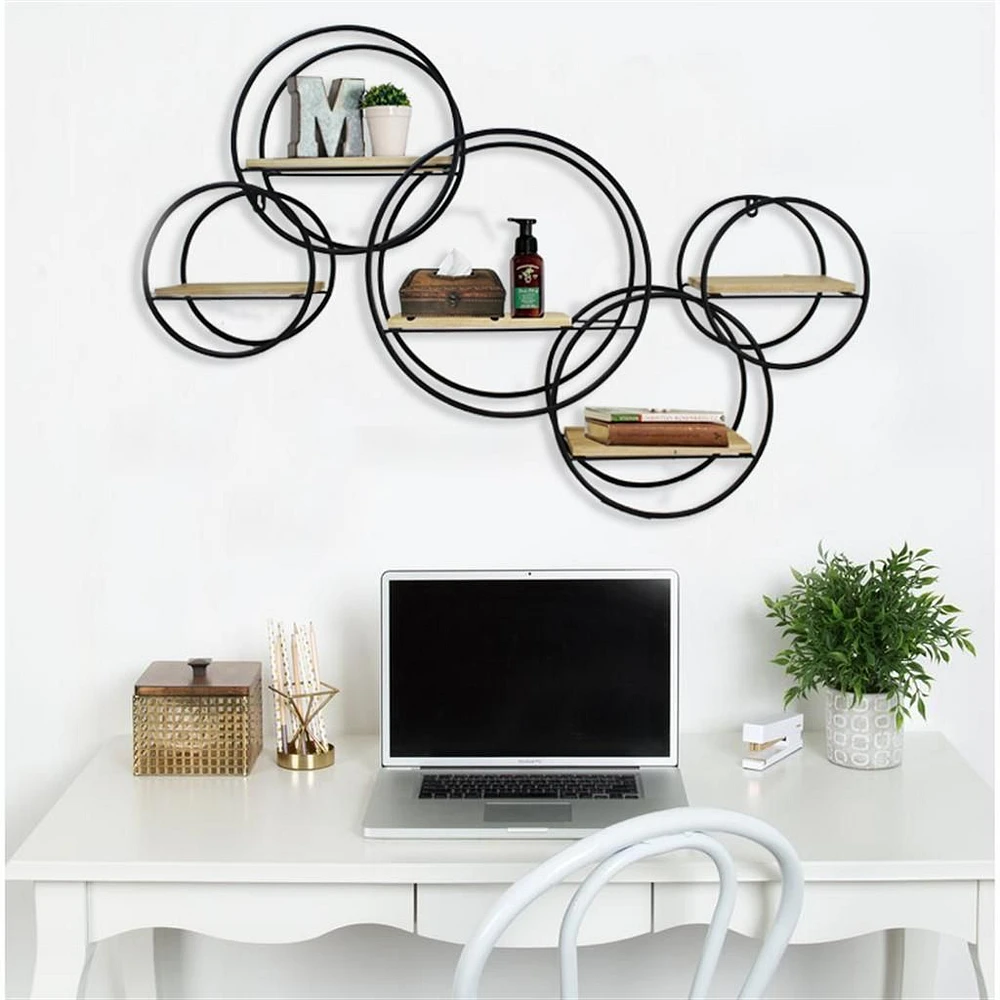 Wall Shelves with Round Metal Black Frame, set of 5