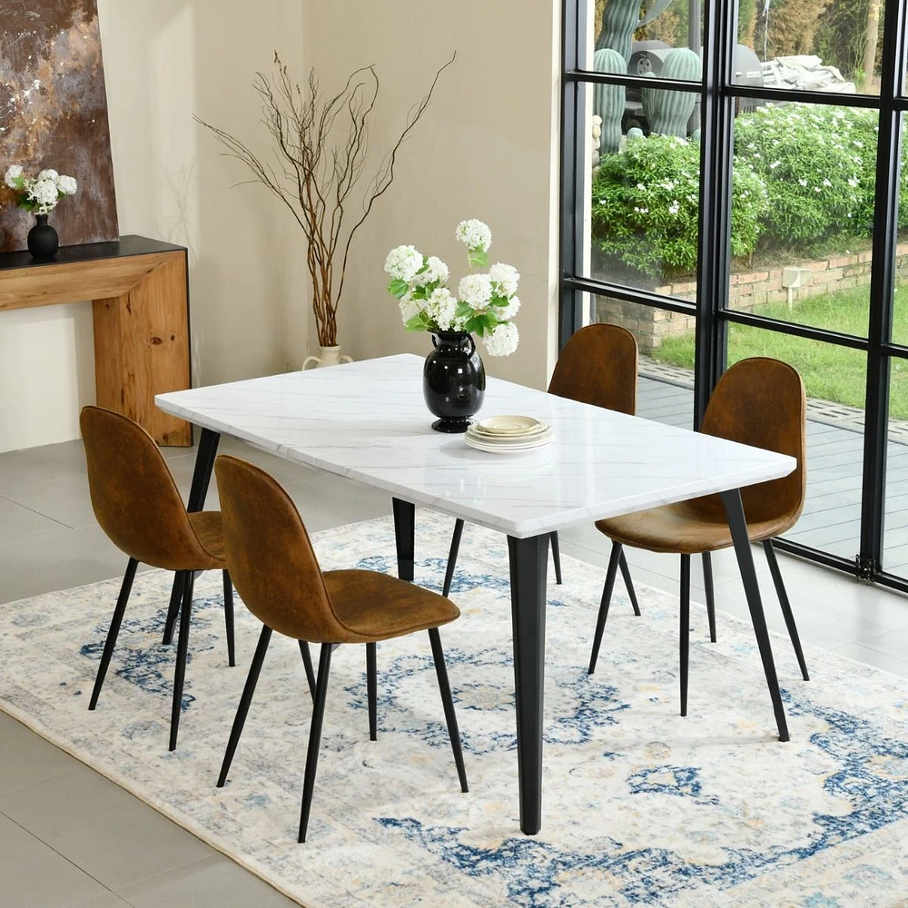 5-Piece Dining Set Including Marble White Dining Table with Suede Brown Dining Chairs by Maison Classique