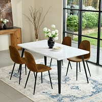 5-Piece Dining Set Including Marble White Dining Table with Suede Brown Dining Chairs by Maison Classique