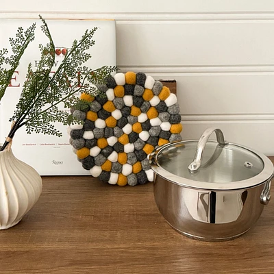 Wool Felt Ball Trivet by Torre & Tagus - Yellow Grey White