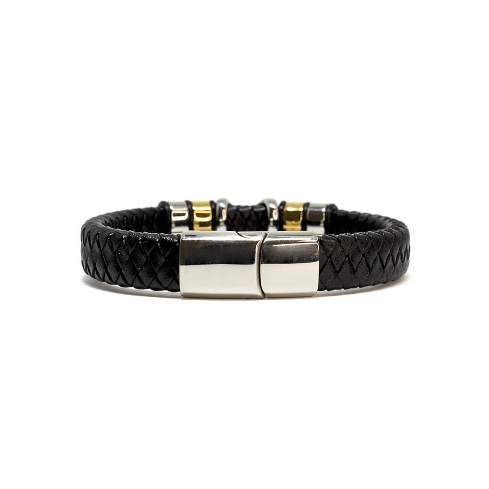 Bracelet « X » en cuir véritable noir et en acier inoxydable par Luenzo