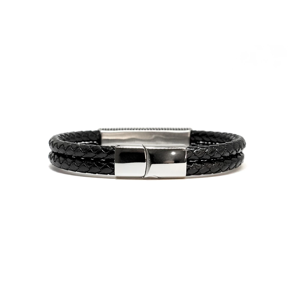 Bracelet d'identité en cuir véritable noir et en acier inoxydable par Luenzo