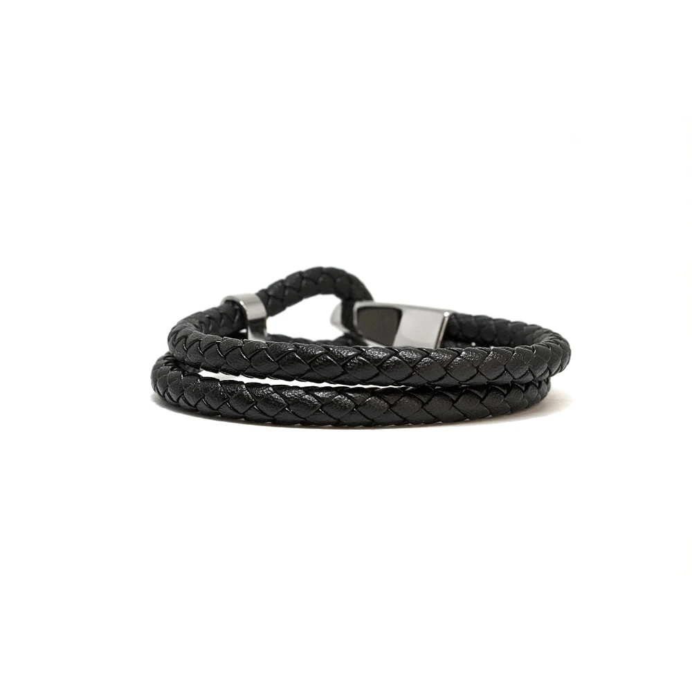 Luenzo Black Genuine Leather Bracelet with Stainless Steel Hook Closure