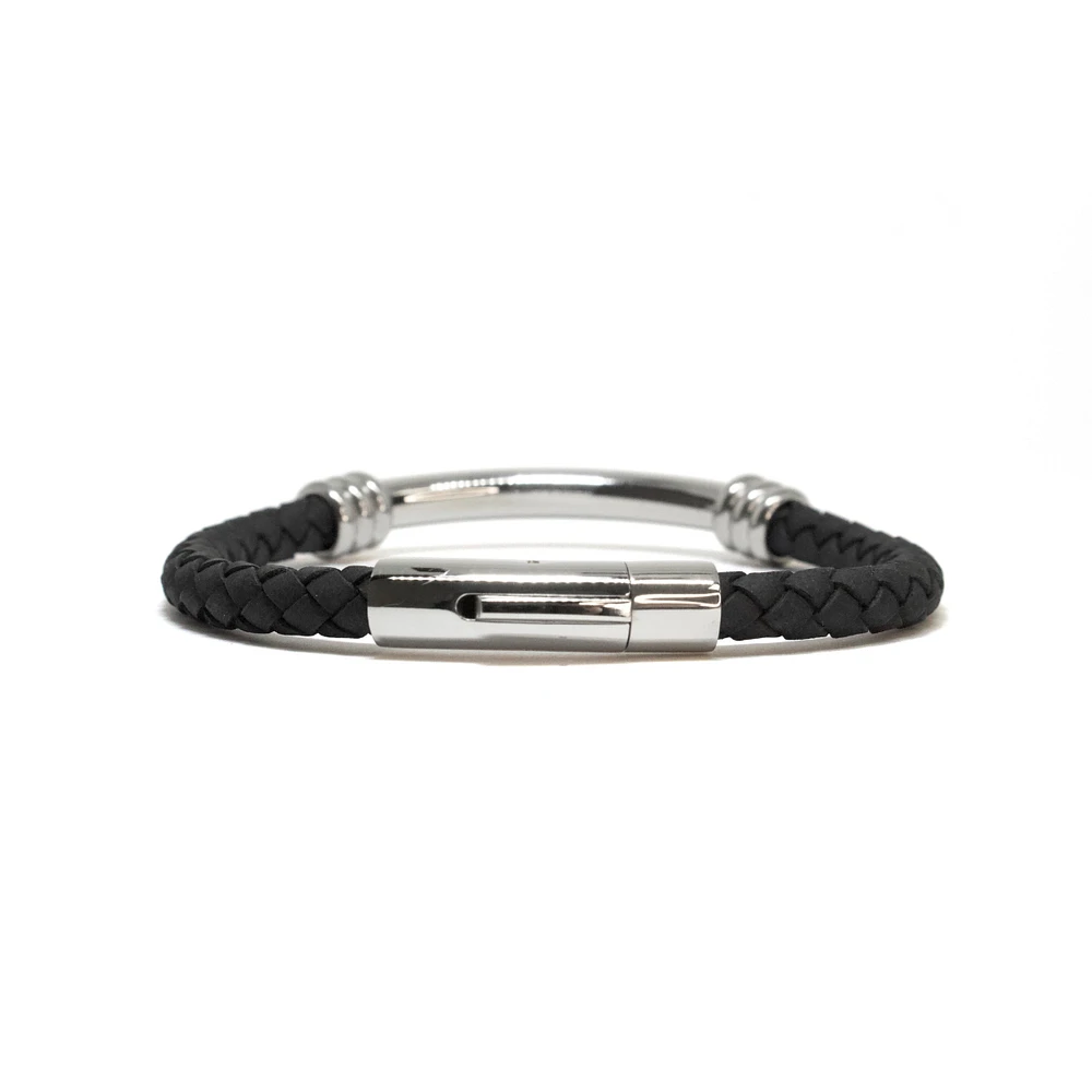 Luenzo Black Genuine Leather Bracelet with Stainless Steel and Cubic Zirconia Accent