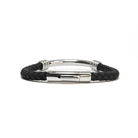 Luenzo Black Genuine Leather Bracelet with Stainless Steel and Cubic Zirconia Accent