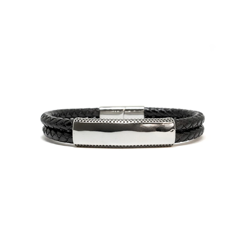 Bracelet d'identité en cuir véritable noir et en acier inoxydable par Luenzo