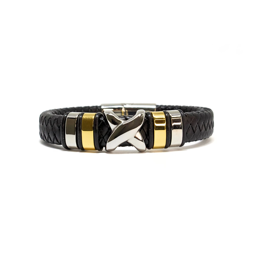 Luenzo Black Genuine Leather Bracelet with Stainless Steel X Accent