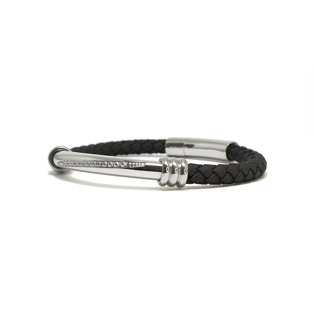 Luenzo Black Genuine Leather Bracelet with Stainless Steel and Cubic Zirconia Accent