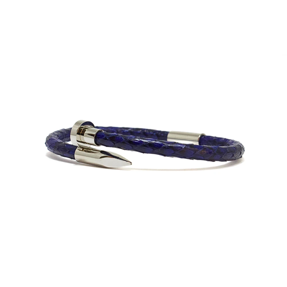 Luenzo Exotic Python Navy Leather with Silver Nail Bracelet