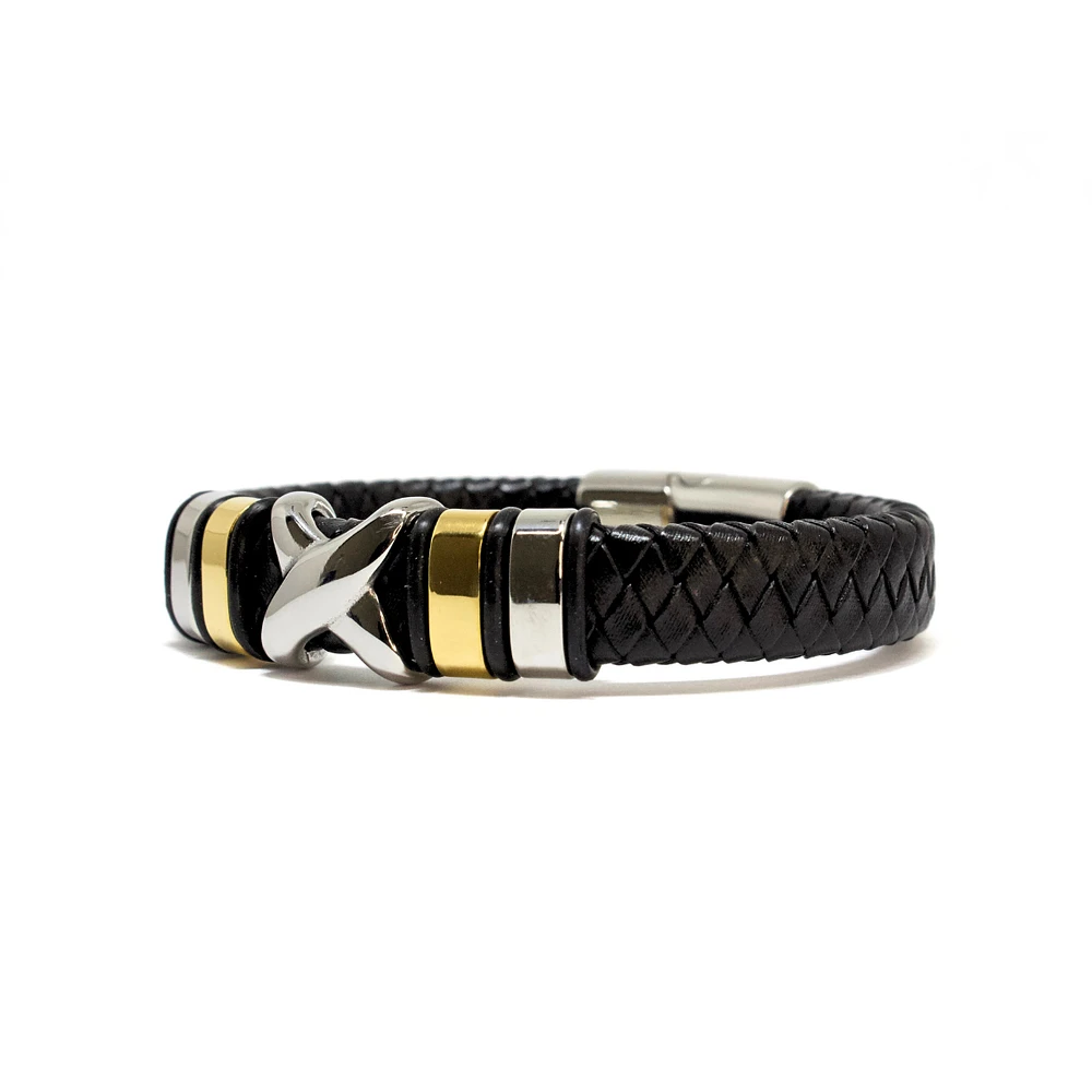 Luenzo Black Genuine Leather Bracelet with Stainless Steel X Accent