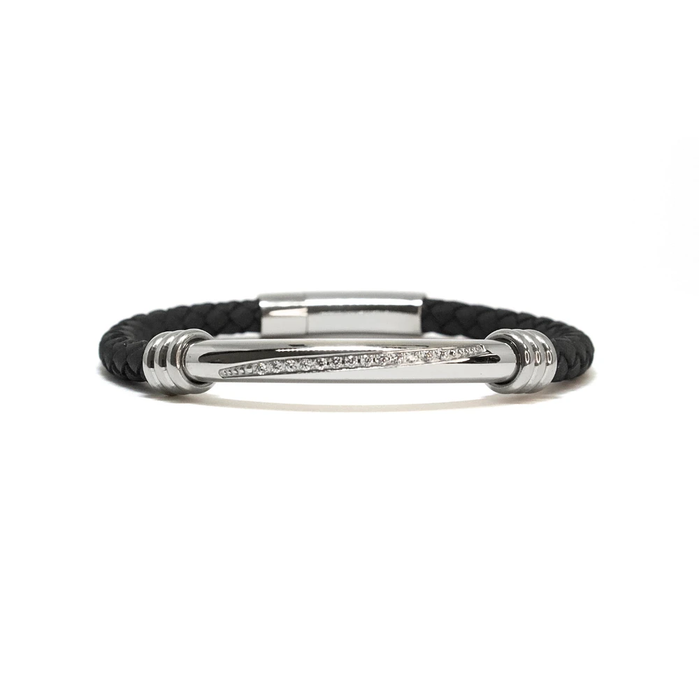 Luenzo Black Genuine Leather Bracelet with Stainless Steel and Cubic Zirconia Accent