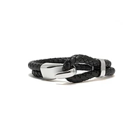 Luenzo Black Genuine Leather Bracelet with Stainless Steel Hook Closure