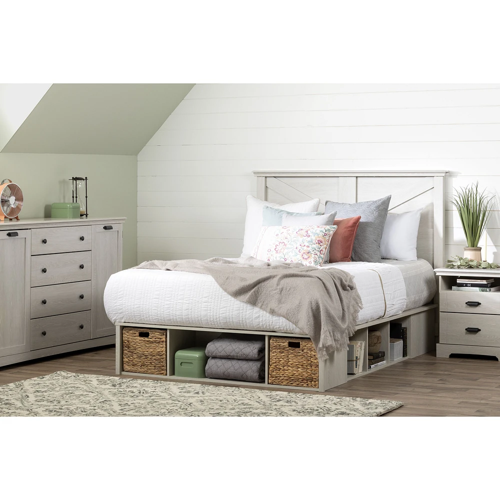 Avilla Queen Storage Platform Bed with Wicker Baskets Winter Oak by South Shore Furniture