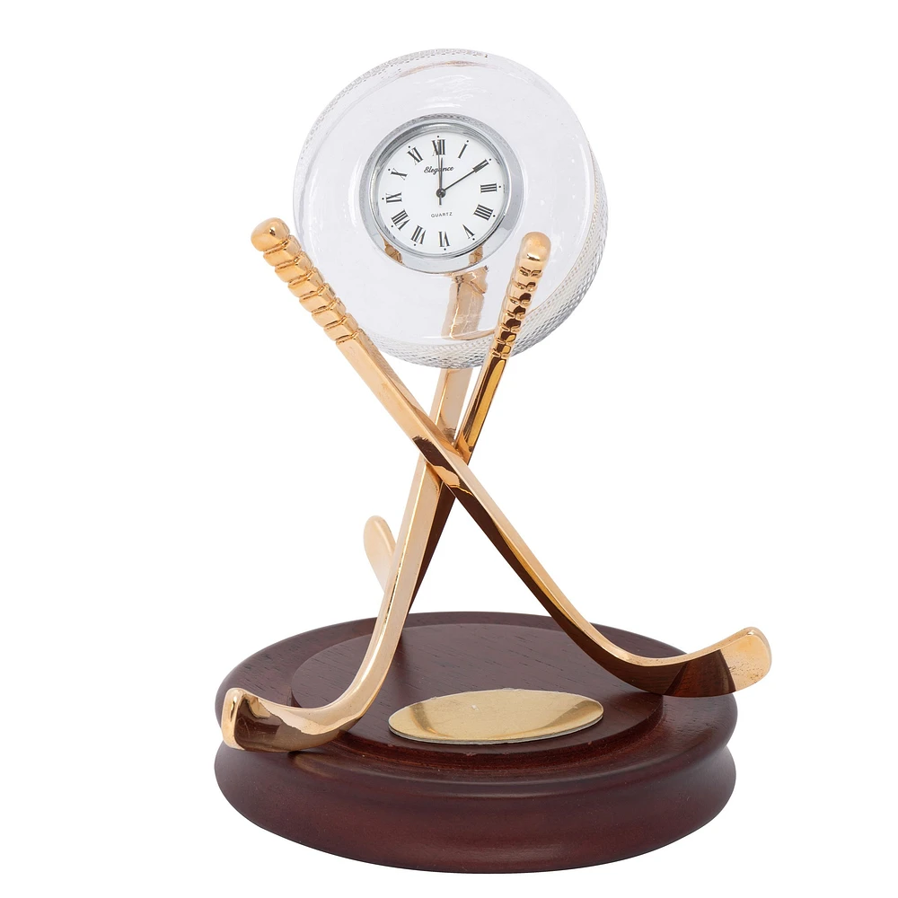 Elegance Gold Crystal Hockey Clock on Wooden Base