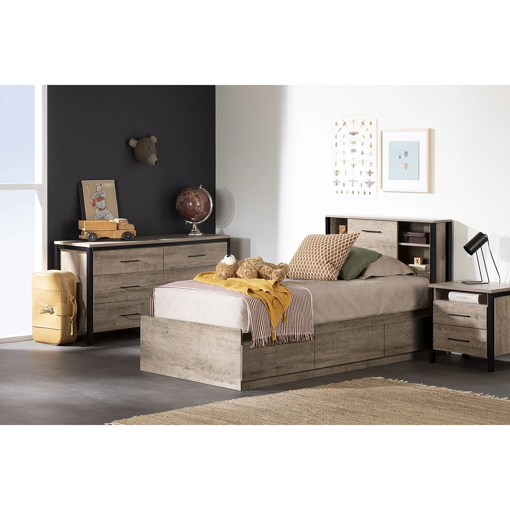 Munich Twin Bookcase Headboard in Weathered Oak and Matte Black by South Shore Furniture