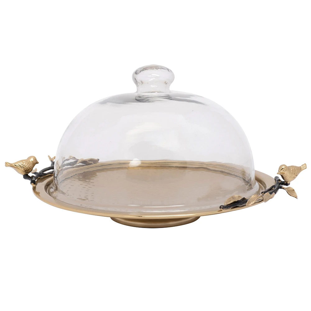 Elegance Gold Songbird Dish with Glass Dome 12"