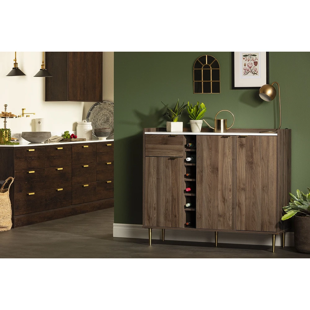 Hype Buffet with Wine Storage Natural Walnut and Faux Carrara Marble by South Shore Furniture