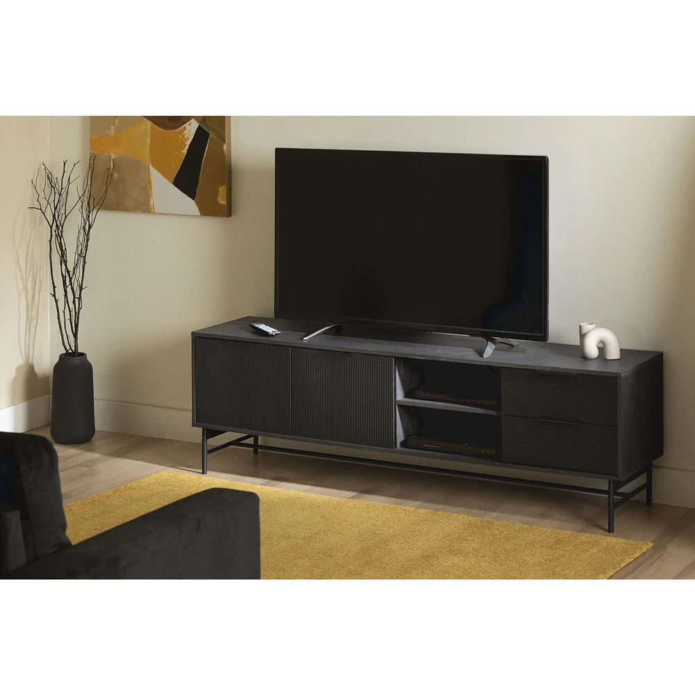 Arlo 2-Drawer TV Stand with Ribbed Doors in Ash Oak and Matte Black by South Shore Furniture