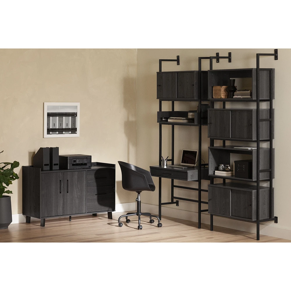 South Shore Furniture Kozack Floating Wall-Mounted Desk with Metal Legs - Gray Oak and Black