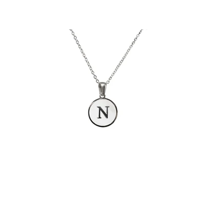 Luenzo Stainless Steel Initial Necklace "N" with Mother of Pearl Inlay