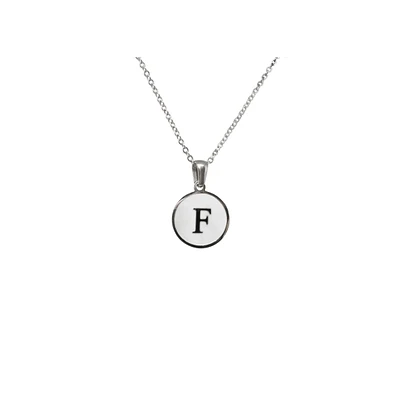 Luenzo Stainless Steel Initial Necklace "F" with Mother of Pearl Inlay