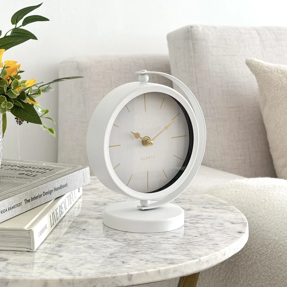 Metal Table Clock on Foot - White