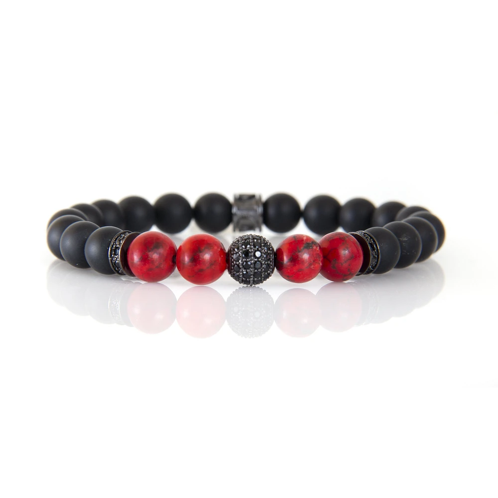 Luenzo Black Onyx and Red/Black Jade Cubic Zirconia Black Accent Bracelet