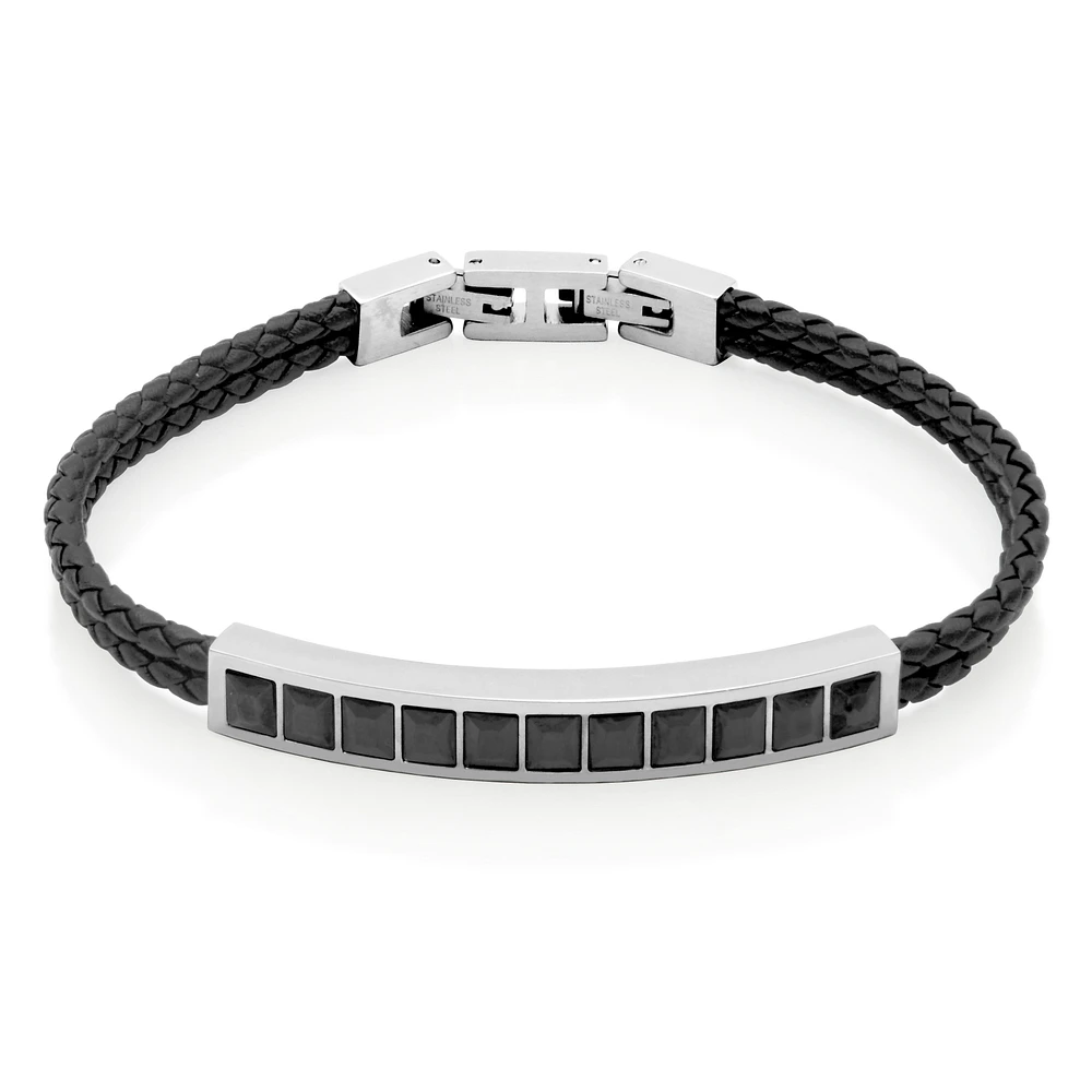 STEELX Stainless Steel Black Cubic Zirconia Leather Bracelet