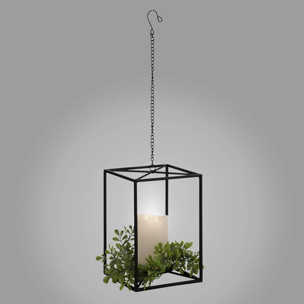 Hanging Lantern with LED Candle & Foliage