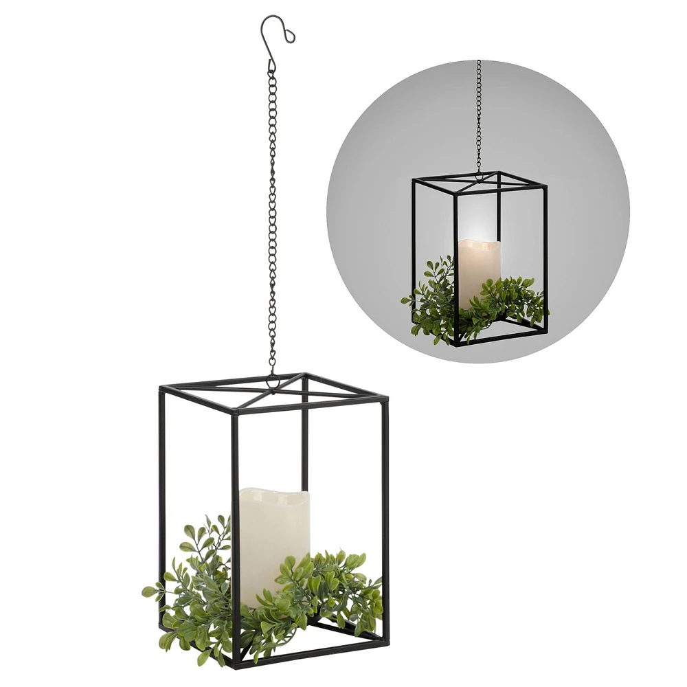 Hanging Lantern with LED Candle & Foliage