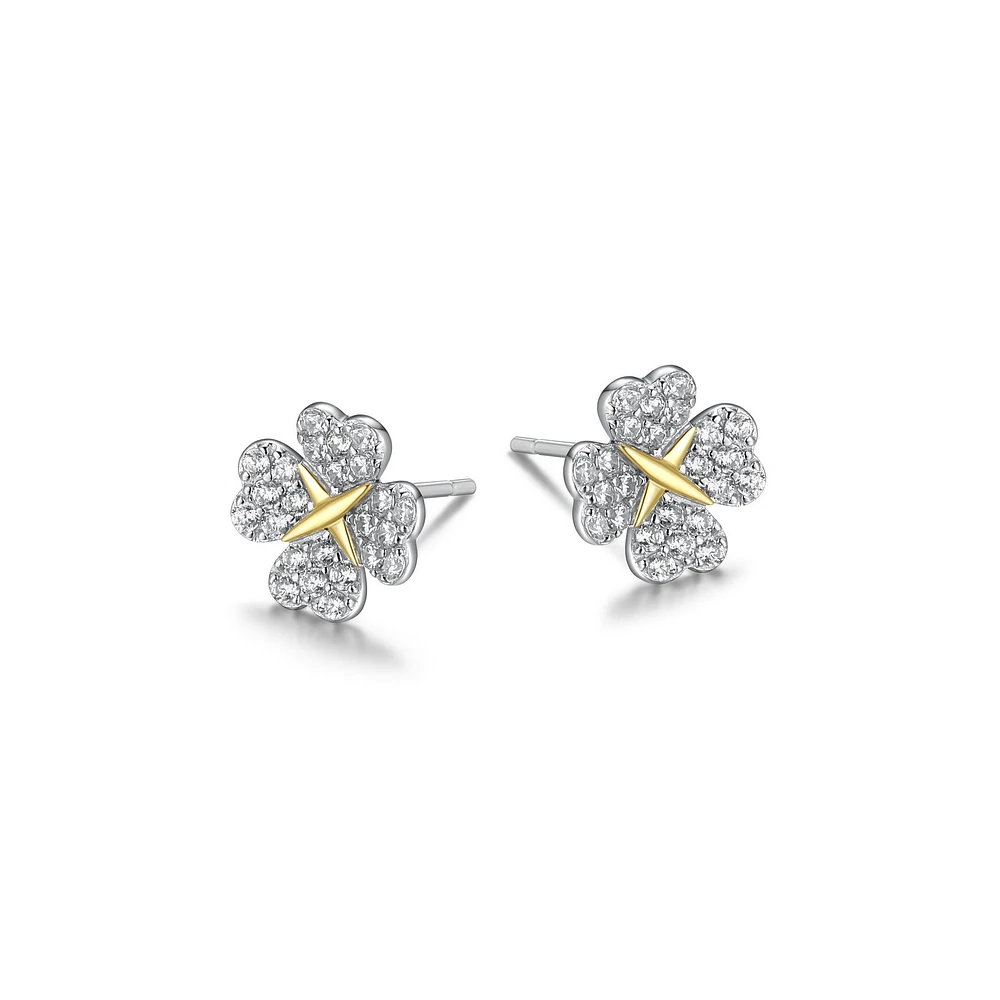 Reign Sterling Silver & Cubic Zirconia Two-Tone Clover Stud Earrings