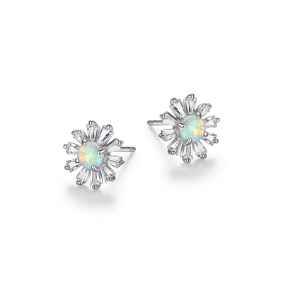 Clous d'oreilles en fleur en opale synthétique « Reign » en argent sterling et zircone cubique