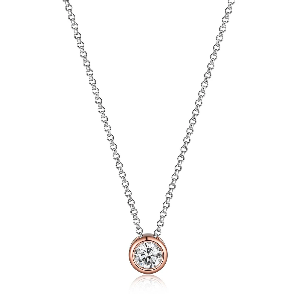 ELLE Two-Tone Rose Gold Plated Sterling Silver Round Cubic Zirconia Pendant Necklace
