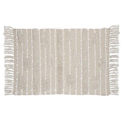 Thin Stripe Pattern with Fringe Rug  - Beige and White