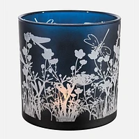 Bougeoire verre givré bleu avec décalque fleurs sauvages