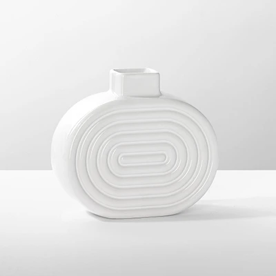 Torre & Tagus Echo Vase rond nervuré en céramique, 5,5 po - Blanc