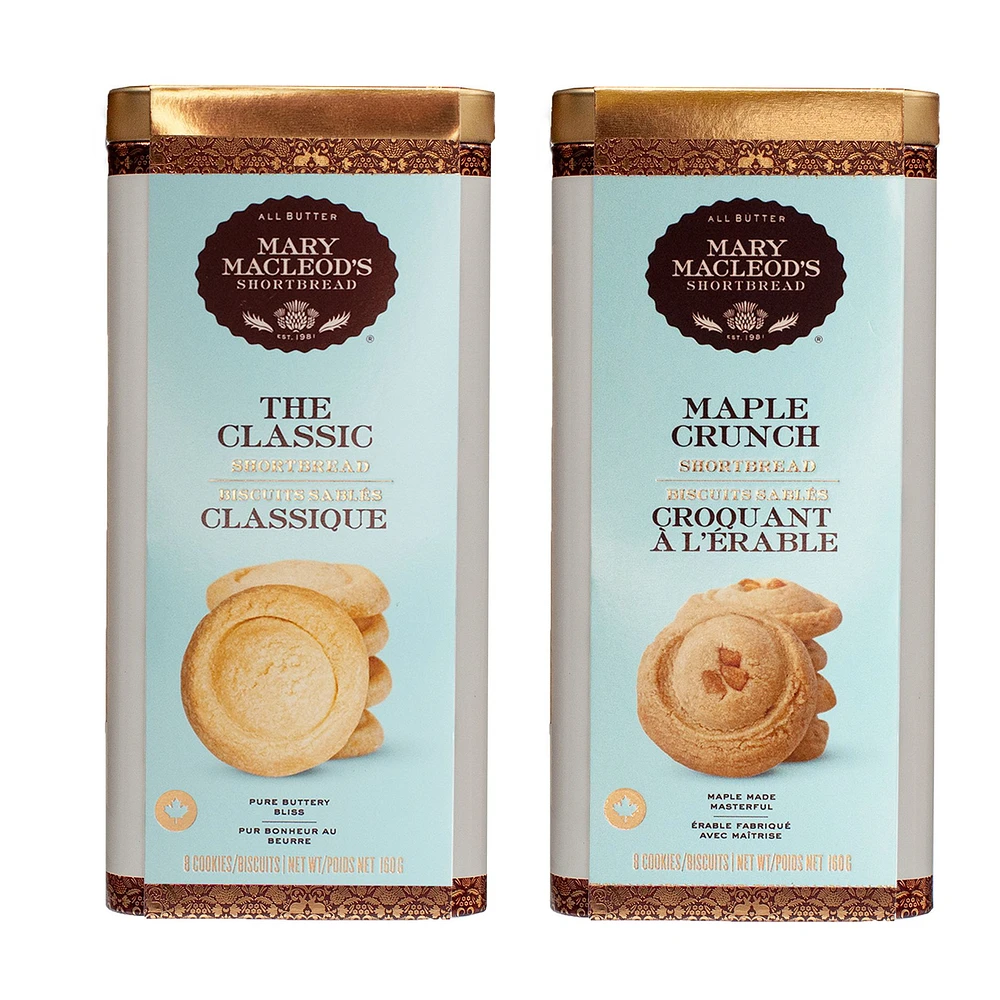 Deux boîtes de biscuits sablés au beurre - Classique et Croquant à l'érable