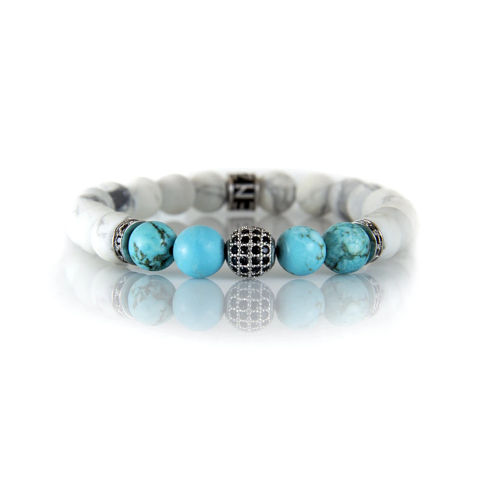 Bracelet turquoise bleue et blanche mate avec accent de zircone cubique argenté par Luenzo