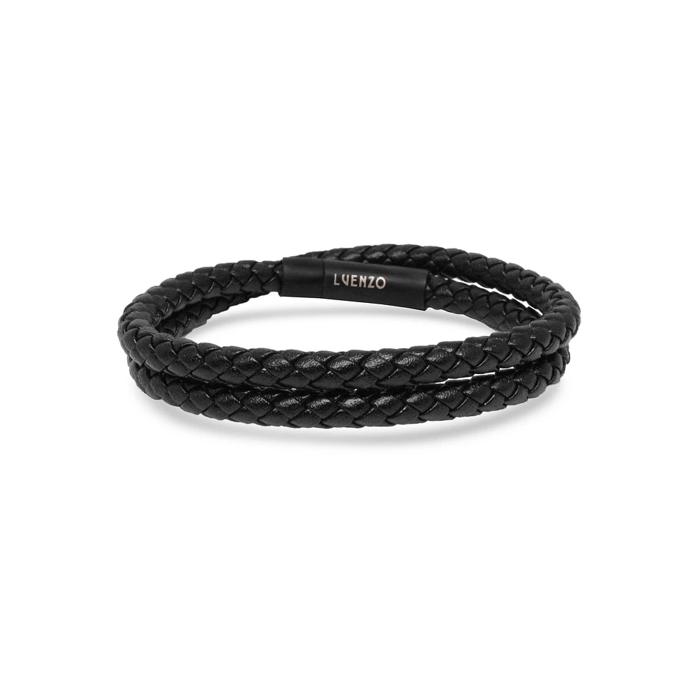 Luenzo Matte Black Genuine Leather Double Wrap Single Clasp Bracelet