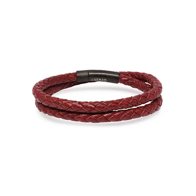 Luenzo Burgundy Genuine Leather Double Wrap Single Clasp Bracelet