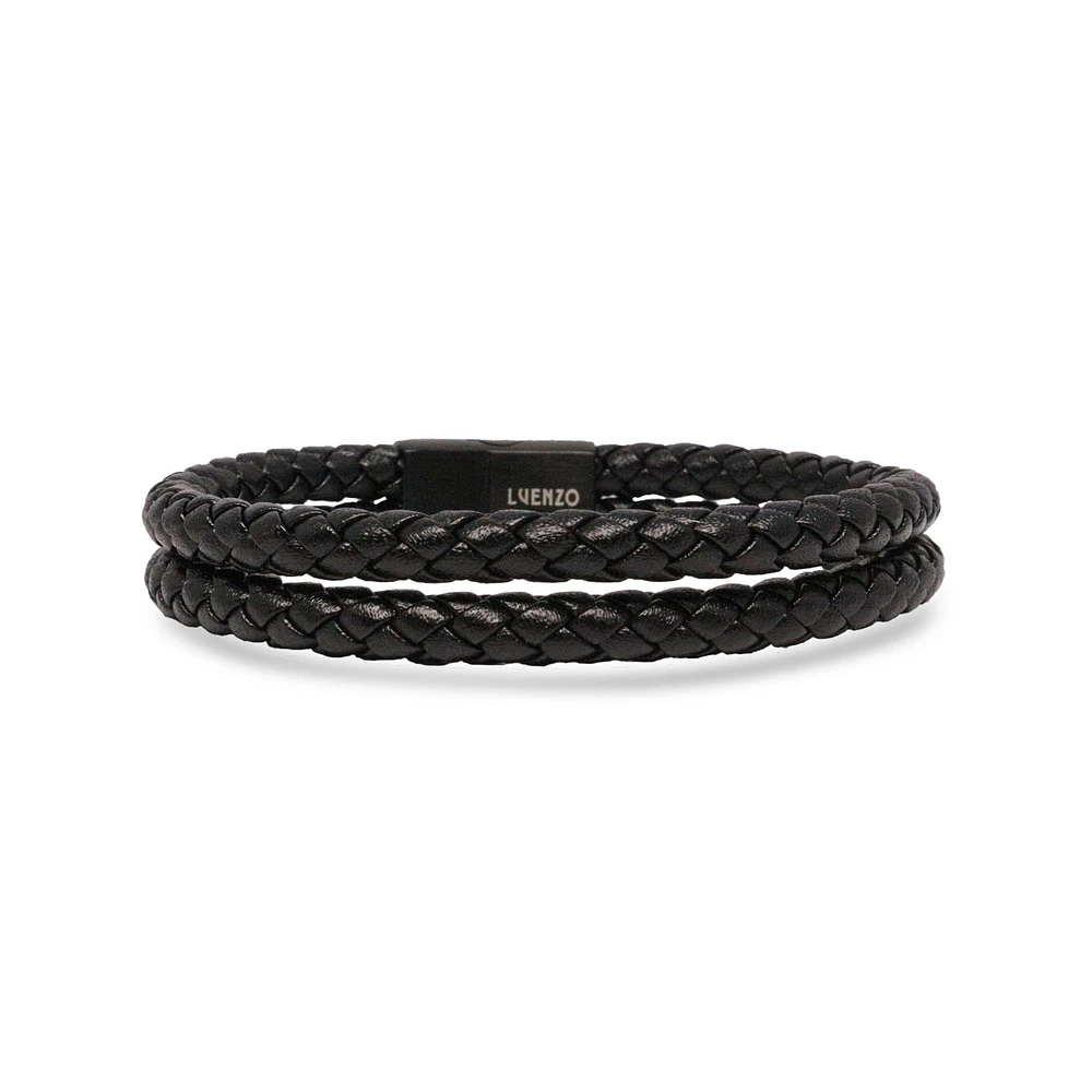 Bracelet doublé en cuir véritable noir mat par Luenzo