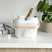 Panier de rangement en maille avec poignée en bois - Blanc