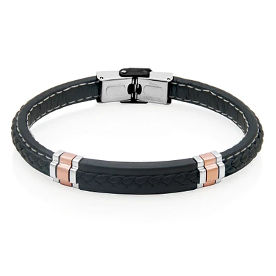 STEELX Stainless Steel Two-Tone Rose Ionic-Plated Black Leather & Microfibre Bracelet